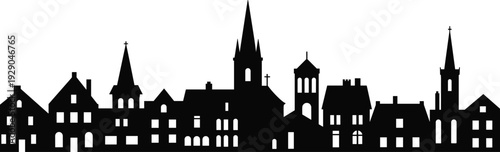 Foto Black city skyline silhouette with church towers, European town architecture, mi