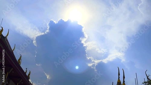 The Sun's Shining Behind Big Cloud and Parts of Roofs of Temple on Blue Sky Background Compound of a Monastery at Bangkok, Thailand. 19 MAY 2025, A.M./ Speed Up Video