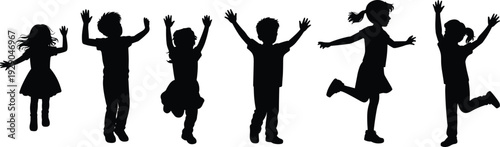 Happy jumping children silhouettes isolated on white background, playful kids teamwork joy freedom childhood energy fun celebration lifestyle diversity happiness