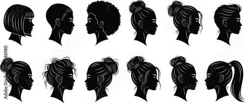 Collection of Female Profile Silhouettes with Various Hairstyles Including Afros Buns Ponytails and Pixie Cuts for Hair Salon Beauty Branding