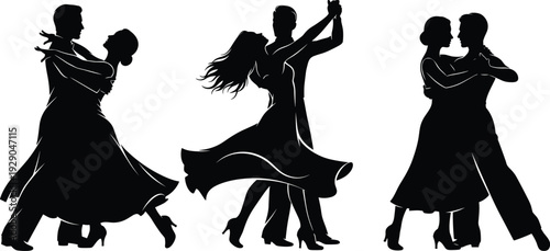 Elegant Ballroom Dance Silhouettes Set of Three Couples Performing Romantic Waltz and Tango Poses for Wedding Invitation and Event Design