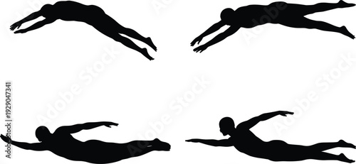 Swimming dive silhouette set, male swimmer body positions, freestyle motion, athletic training, isolated black figures on white background, vector illustration