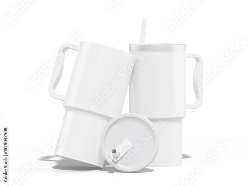 A stack of white, insulated, double-walled tumblers with handles and a straw, showcasing different views