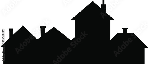 Black house silhouette skyline, residential buildings rooftops illustration, minimal real estate concept, urban housing row isolated on white background