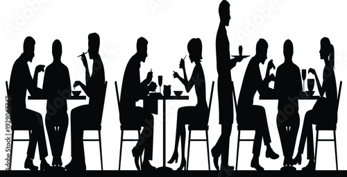 Restaurant dining silhouettes, people eating together, social gathering, waiter serving food, cafe lifestyle, group conversation, elegant black shadow illustration