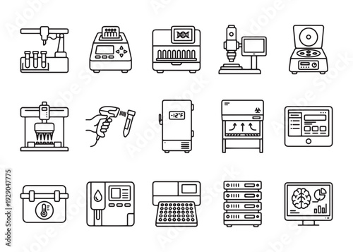 Laboratory equipment linear icons set, medical research and science tools collection
