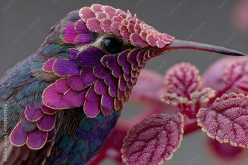 Naklejka premium Close-Up of Colorful Hummingbird with Dew
