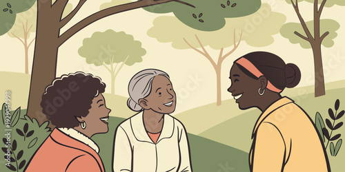 Flat vector illustration of multicultural friends having conversation outdoors. Concept of friendship, communication, community bonding, teamwork and positive social connection.