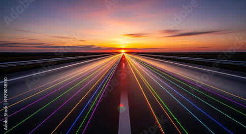 Aerial view of highway at sunset with streaks of light from moving vehicles