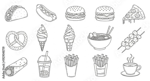 Collection of fast food and sweet treats illustrations.