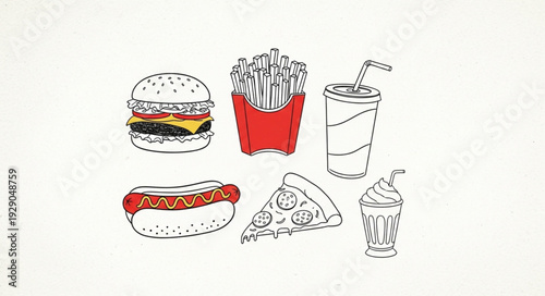 Collection of fast food items including burger fries hot dog pizza and drink.