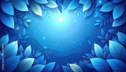 Vibrant blue foliage frames a radiant light source in an ethereal forest setting