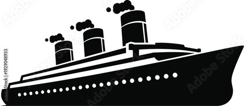 a striking black silhouette showcases a classic ocean liner with prominent smokestacks evoking a sense of travel and maritime history