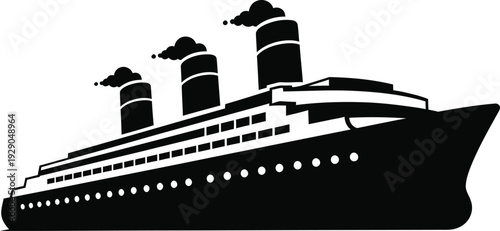 a striking black and white silhouette depicts a large ocean liner with four prominent smokestacks hinting at a bygone era of luxury travel