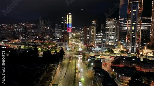 Bogotá Colombia skyline at night with Colpatria Tower.