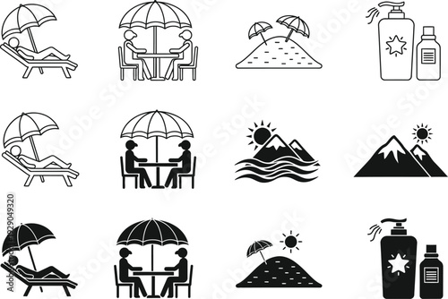 Black and white icons depicting various summer vacation elements like beach chairs umbrellas sunscreen and scenic landscapes high quality professional detailed