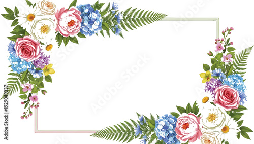 Exquisite watercolor floral frame design showcasing vibrant roses, blue hydrangeas, white peonies, and green ferns, ideal for elegant invitations and decorative borders.