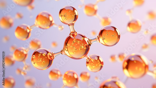 Golden molecule structure illustration, floating on soft pink background, beauty and skincare concept, cosmetic advertising, Collagen or retinol or ceramide molecule. Molecular structure swatch