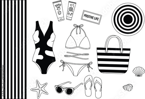 A stylish summer collection featuring beach essentials like swimsuits sunglasses and a tote bag all in black and white high quality