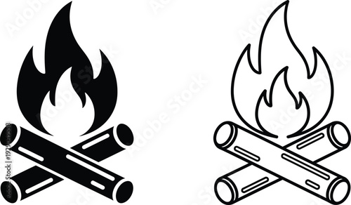 a simple black and white illustration depicts two stylized campfire icons one solid and one outlined with logs and flames