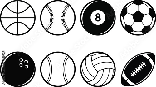 a collection of various sports balls depicted in a black and white illustration showcasing a diverse range of athletic equipment