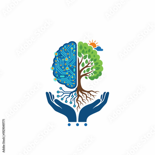 Digital brain and tree illustration depicting eco-friendly technology concept, hands holding growth symbol, abstract representation of sustainable development