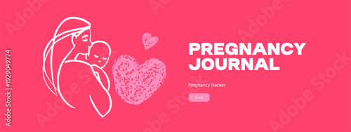 Mom and baby line art banner. Motherhood and newborn concept. Pregnancy journal. Baby tracker and planner. Mother's day card. Vector illustration