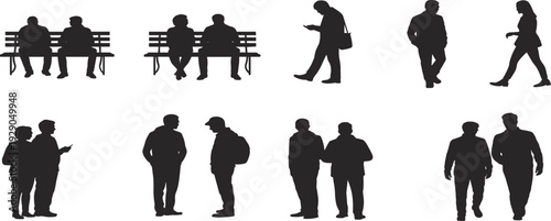 People silhouette collection, walking sitting talking standing men women, urban lifestyle crowd icons, black human figures set isolated