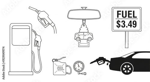 Gas station scene with fuel pump, price sign, and car filling up with gasoline.