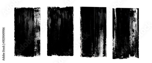 vertical texture set of grunge rolled ink stamp brush, abstract thin and thick dark irregular black transparent textures, handmade, rectangular letter press, suitable for background of text design