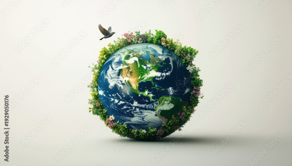 Fototapeta premium Globe adorned with flourishing greenery and a soaring bird floats against a light background