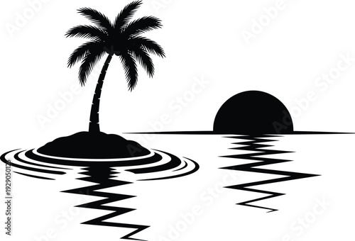 a minimalist black and white illustration depicts a tranquil island scene with a palm tree sun and water ripples evoking serenity