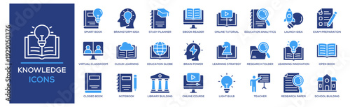 Knowledge icon collection set. Containing design Learning Innovation, Brainstorm Idea, Teacher, Ebook Reader, Online Tutorial. Solid icon collection.