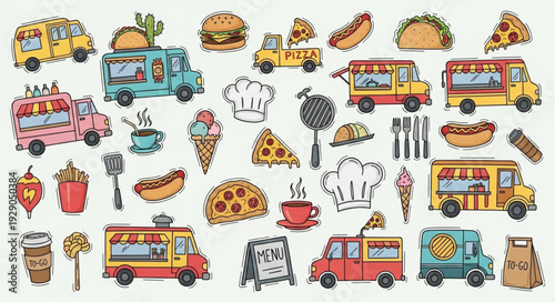 Collection of colorful food trucks and fast food items.