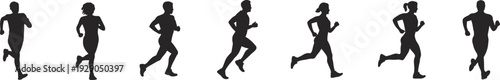 Running people silhouettes, male female joggers sequence, fitness activity icons, marathon training concept, healthy lifestyle motion illustration