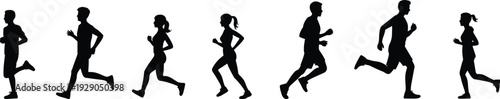 Running people silhouettes, jogging men women, fitness exercise motion, speed endurance marathon training, healthy lifestyle, isolated white background, vector illustration