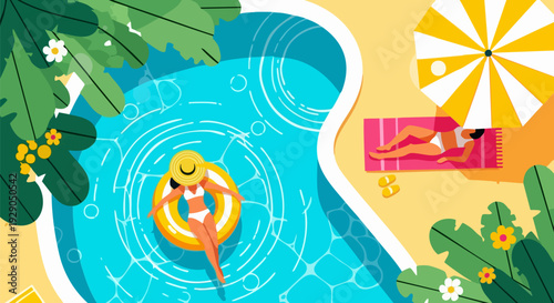 Top-down view of woman relaxing in swimming pool with tropical plants