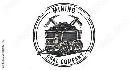 Vintage mining company logo featuring coal cart and pickaxes, circular design.