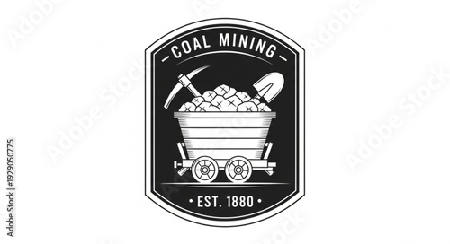 Vintage Coal Mining Emblem Depicting a Cart Filled with Coal and Tools.