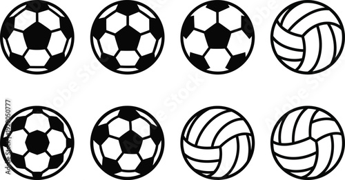 A collection of various sports balls including soccer balls and volleyballs are neatly arranged in a grid pattern on a white background