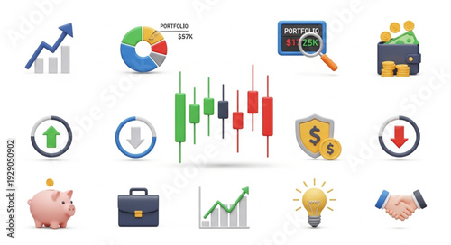 Financial market analysis with charts and investment icons.