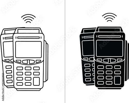 a detailed illustration showcases two different representations of a point of sale terminal with wireless communication capabilities presented in outline style