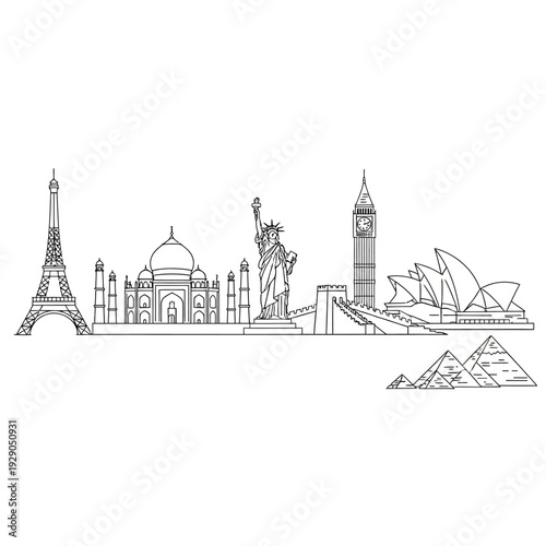 World travel line art Iconic global landmarks representing international journeys, cultural exploration, and architectural marvels from diverse destinations