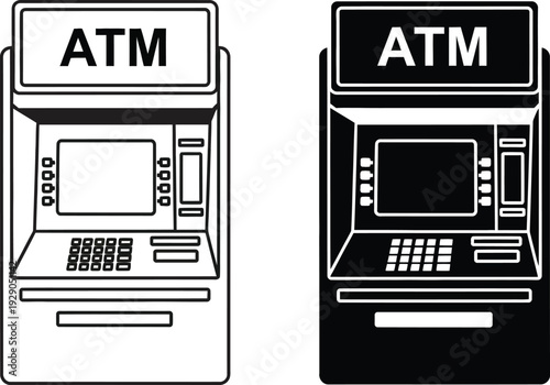 A depiction of two automated teller machines one in a light outline and the other solid black showcases banking technology