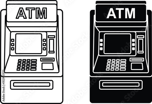 A black and white line art depiction showcases two automated teller machines highlighting their functional interfaces and rectangular forms side by side