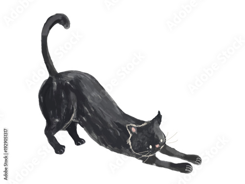 背中を伸ばして伸びをする黒猫のベクターイラスト