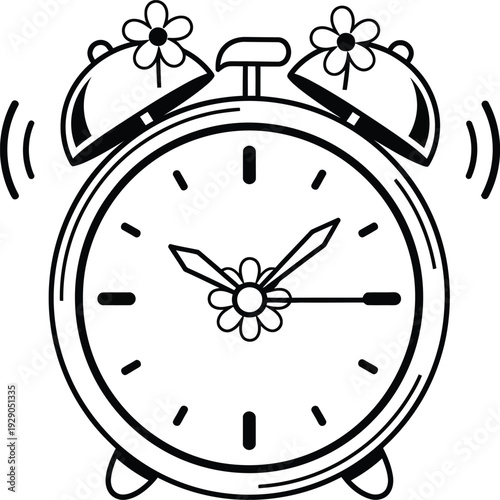 a striking black and white illustration depicts a vintage alarm clock adorned with delicate floral details suggesting time and nature