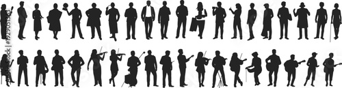 Business and Musician People Silhouettes Set, Professional Men Women Standing Poses Isolated on White Background Vector Style Collection Design Concept