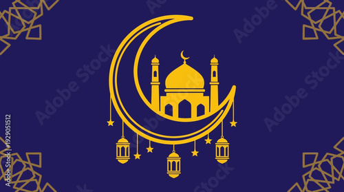 Ramadan Iftar Celebration with Crescent Moon and Lanterns