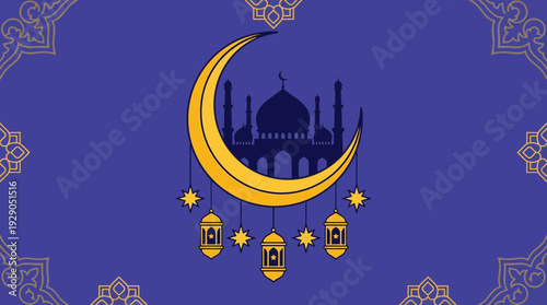 Ramadan Iftar Celebration with Crescent Moon and Lanterns
